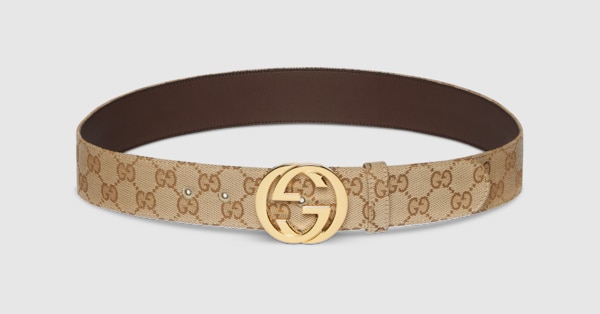Belt with Interlocking G buckle in sand GG canvas | GUCCI® US