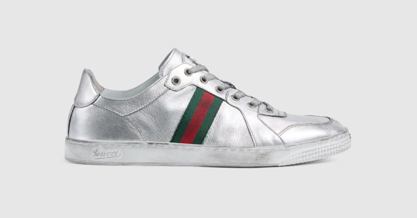 Men's Stretch low-top sneaker in metallic silver leather | GUCCI® US
