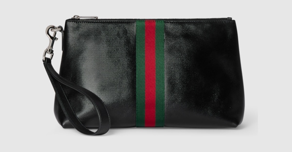 Web Trademark medium pouch in black leather | GUCCI® US