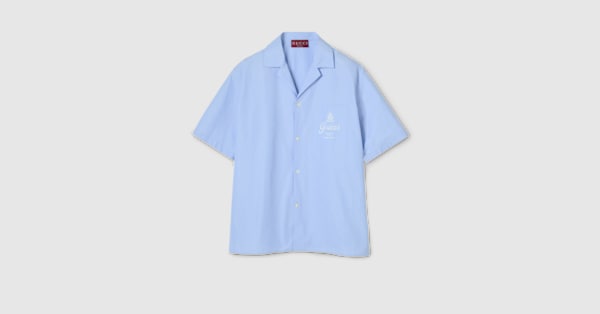Thin striped cotton poplin bowling shirt in light blue | GUCCI® US