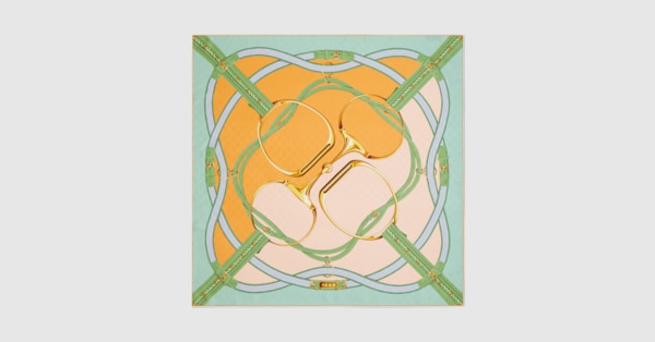 Printed silk jacquard carré in mint green and orange | GUCCI® US