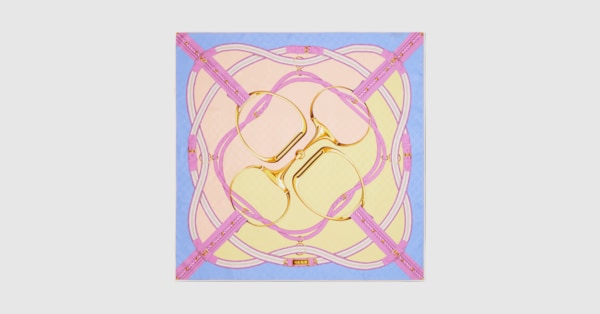 Printed silk jacquard carré in blue and orange | GUCCI® US