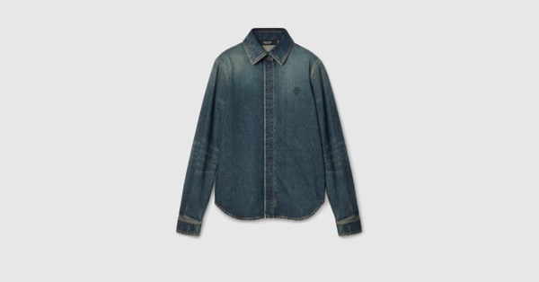 Cotton denim shirt with embroidery in blue | GUCCI® RO