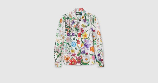 Printed silk twill shirt with bow in multicolor | GUCCI® US