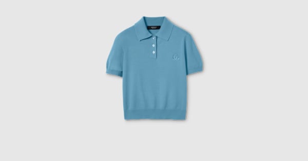 Knit wool polo shirt with embroidery in light blue | GUCCI® US