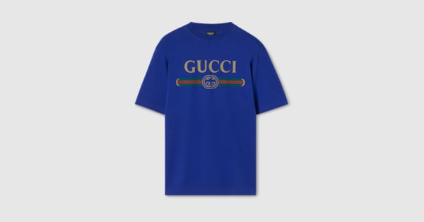 グッチ GUCCI Tシャツ 半袖 GGロゴ プリント 140 10 ブルー Silk blend jersey T-shirt with print in bright blue | GUCCI® SG