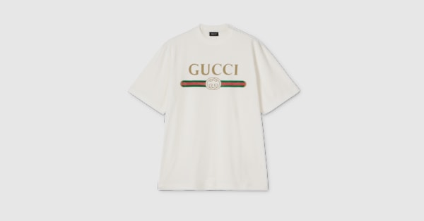 Silk blend jersey T-shirt with print in off white | GUCCI® US