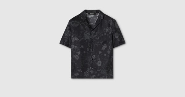 Printed silk twill bowling shirt in black and grey | GUCCI® US