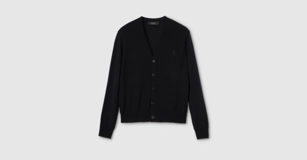 Knit wool cardigan with embroidery in black | GUCCI® US
