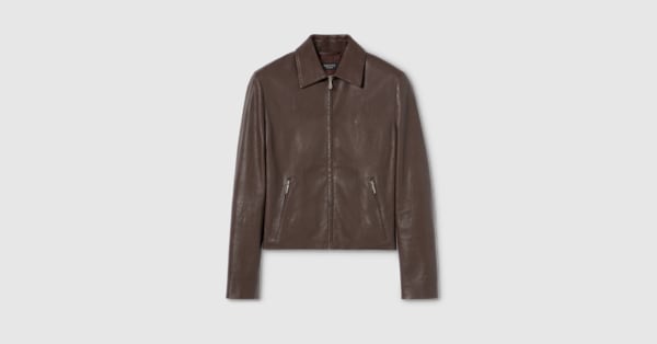 Washed stretch nappa leather jacket in dark brown | GUCCI® US