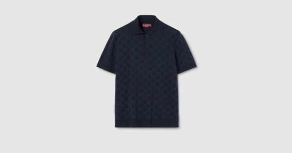 GG cotton silk jacquard polo shirt in dark blue | GUCCI® CA
