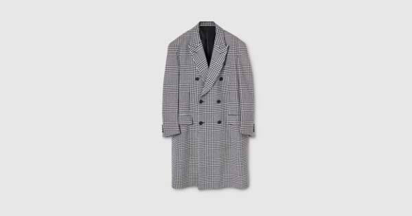 Double-breasted Prince of Wales wool coat in white and black