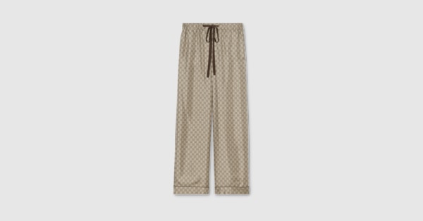 【美品】GUCCI グッチ　シルクジョグパンツ　イージーパンツ　サルエル　総柄 Printed silk twill leisure pants in beige and dark brown | GUCCI® US