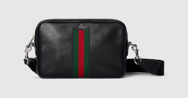 Web Trademark small crossbody bag in black leather | GUCCI® US