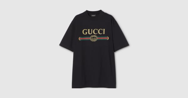 Cotton jersey and silk T-shirt with print in black | GUCCI® US