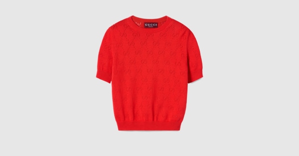 GG pointelle cotton silk top in red | GUCCI® SG