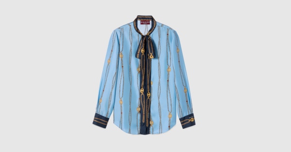 Printed silk twill shirt in light blue | GUCCI® US