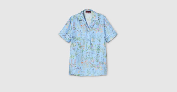 Printed silk twill shirt in light blue | GUCCI® US
