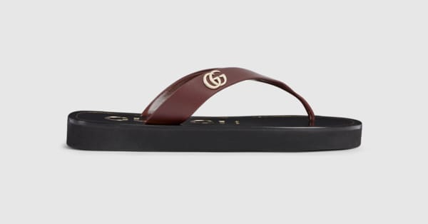 Women's thong sandal with Double G in brown and yellow leather