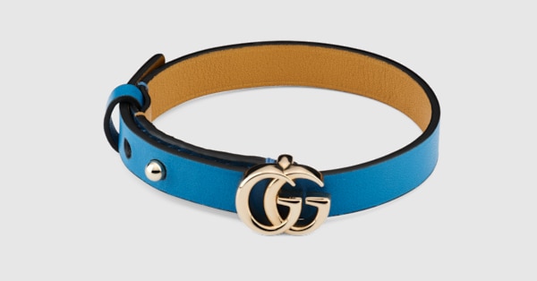 Leather bracelet with Double G in peacock blue leather | GUCCI® US