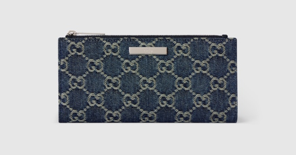 Long wallet with Gucci plaque in dark blue GG denim | GUCCI® US