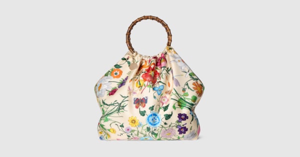 Silk maxi tote bag with bamboo handle in white and multicolor silk
