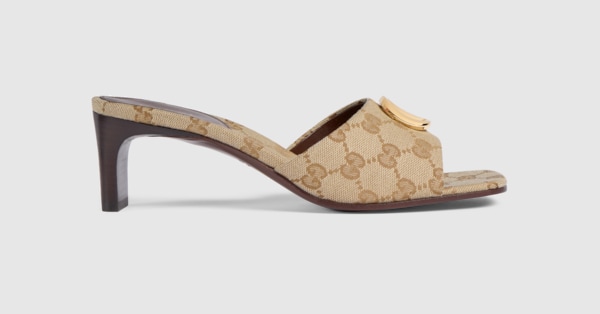 Women's slide sandal with Double G in sand and brown GG canvas