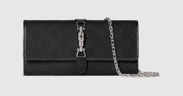 グッチ Jackie〕チェーン付きウォレット ・ブラック GGキャンバス