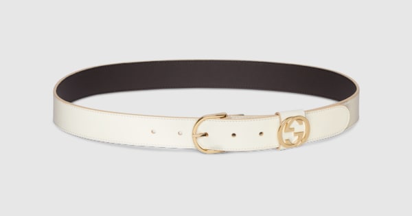 Belt with round buckle in white leather | GUCCI® INT