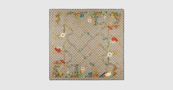 プリント シルクツイル スカーフ ・ブラウン＆マルチカラー | GUCCI公式