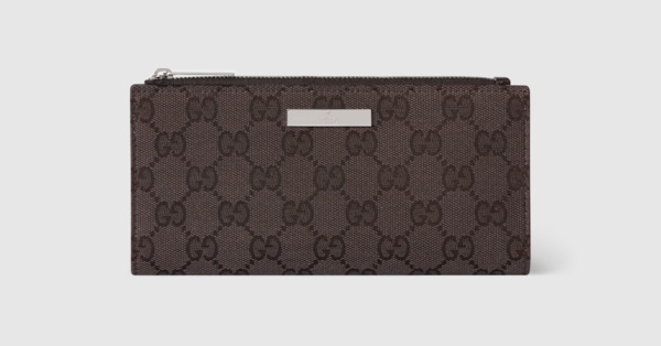 Long wallet with Gucci plaque in dark brown GG canvas | GUCCI® INT