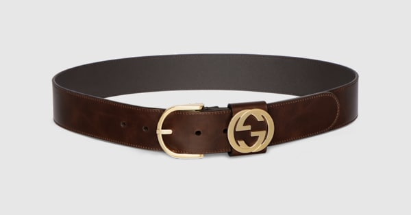Wide belt with round buckle in dark brown leather | GUCCI® US