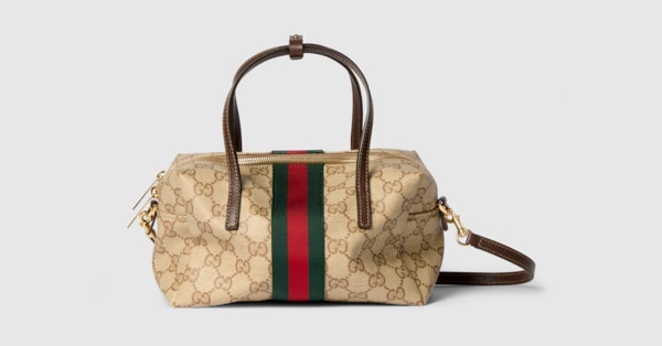 Mini boston bag with Web in sand and brown GG canvas | GUCCI® US