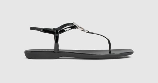 Women's thong sandal with Interlocking G in black patent leather
