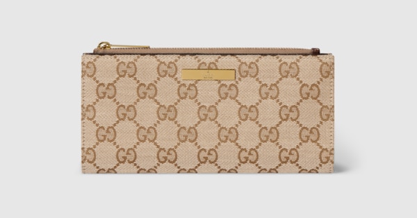 Long wallet with Gucci plaque in sand and brown GG canvas | GUCCI® CA