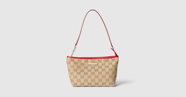 Small pouch with strap and Gucci plaque in natural canvas | GUCCI® NL
