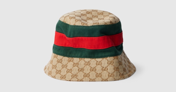 GG cotton canvas bucket hat with Web in beige and dark brown