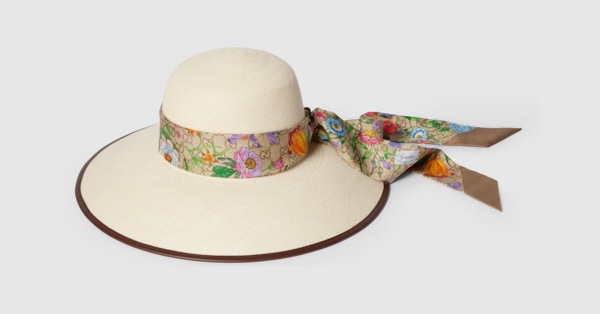 正規品 グッチ GUCCI パナマ ハット 麦わら帽子 リボン ナチュラル S Panama twill hat with silk ribbon in light beige | GUCCI® SI