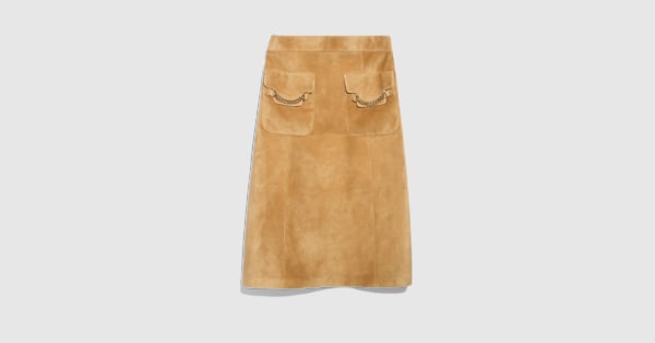 Suede skirt with chain detail in camel | GUCCI® ZA