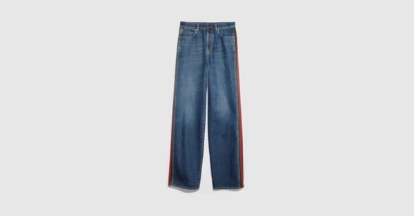 Cotton denim pants with Web insert in blue | GUCCI® US