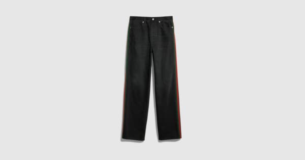 Cotton denim pants with Web insert in black | GUCCI® US