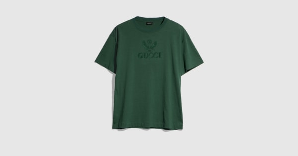 GUCCI  Tシャツ　グリーン　XS Cotton jersey T-shirt with embroidery in dark green | GUCCI® US