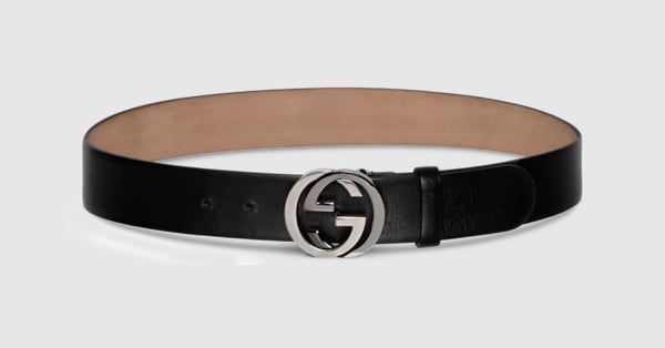 Wide belt with Interlocking G buckle in black leather | GUCCI® US