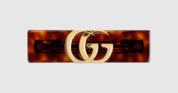 Hair clip with Double G in brown tortoiseshell resin | GUCCI® US