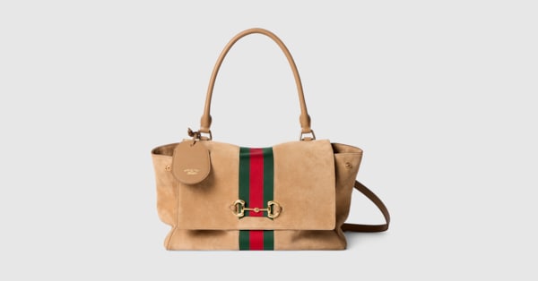 Paparazzo medium top handle bag in sand suede | GUCCI® US