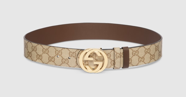 Reversible belt with Interlocking G buckle in sand GG canvas and