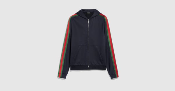 Silk cotton jersey zip jacket with Web in dark blue | GUCCI® US