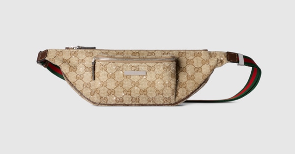 Flatpack crystal small belt bag in sand and brown GG canvas