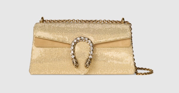 Dionysus crystal medium shoulder bag in gold suede | GUCCI® US