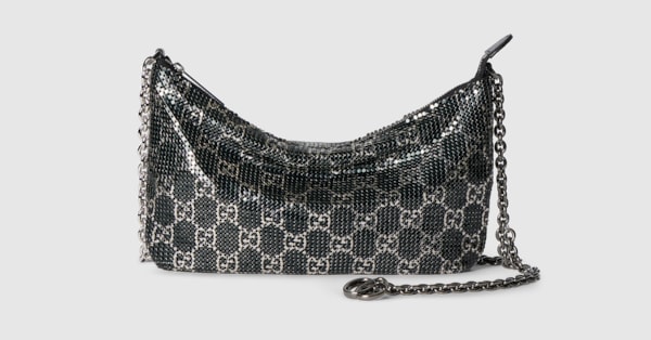 Metallic evening bag with charm in black and silver GG mesh
